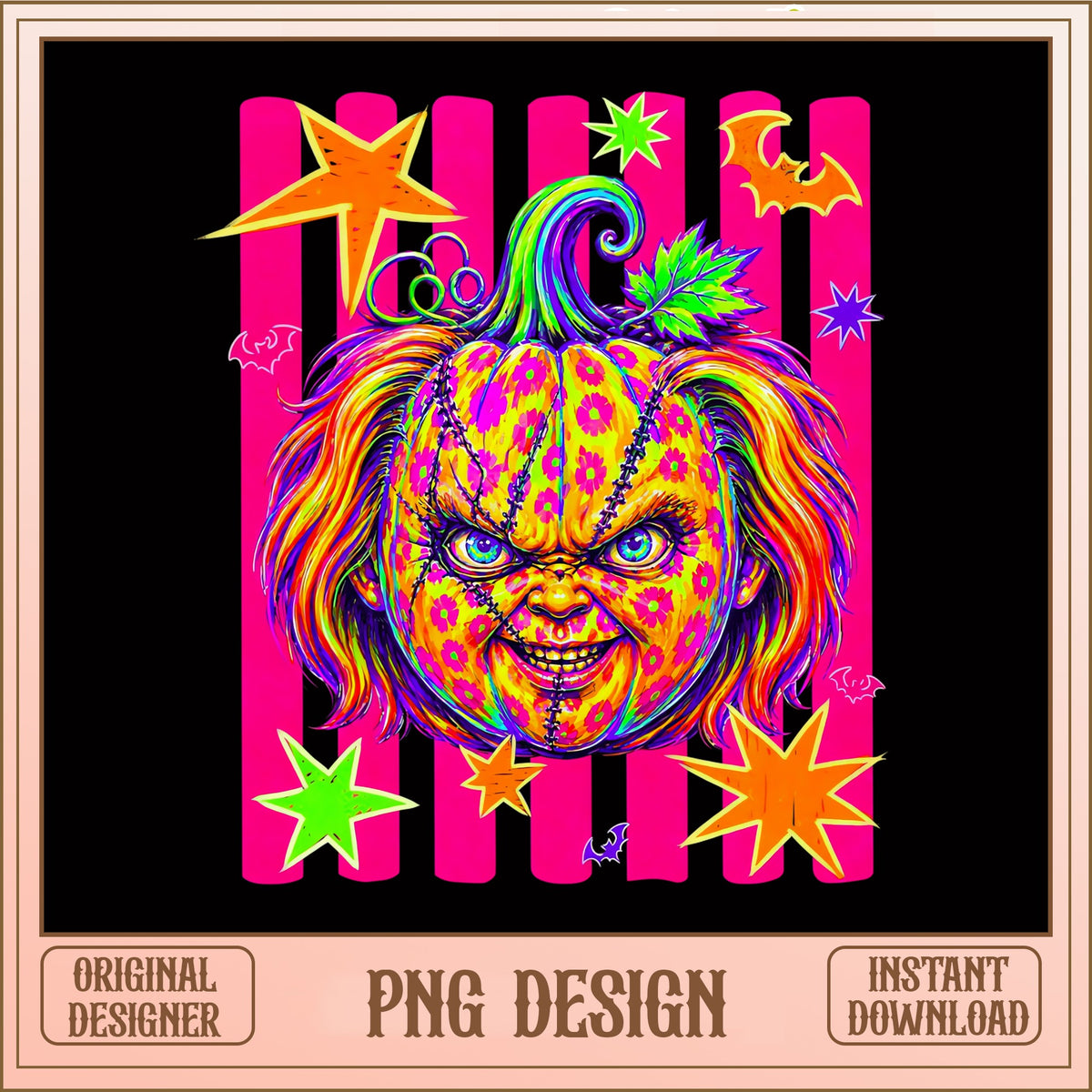 Retro Chucky Pumpkin PNG, Halloween Horror Doll, Neon PNG