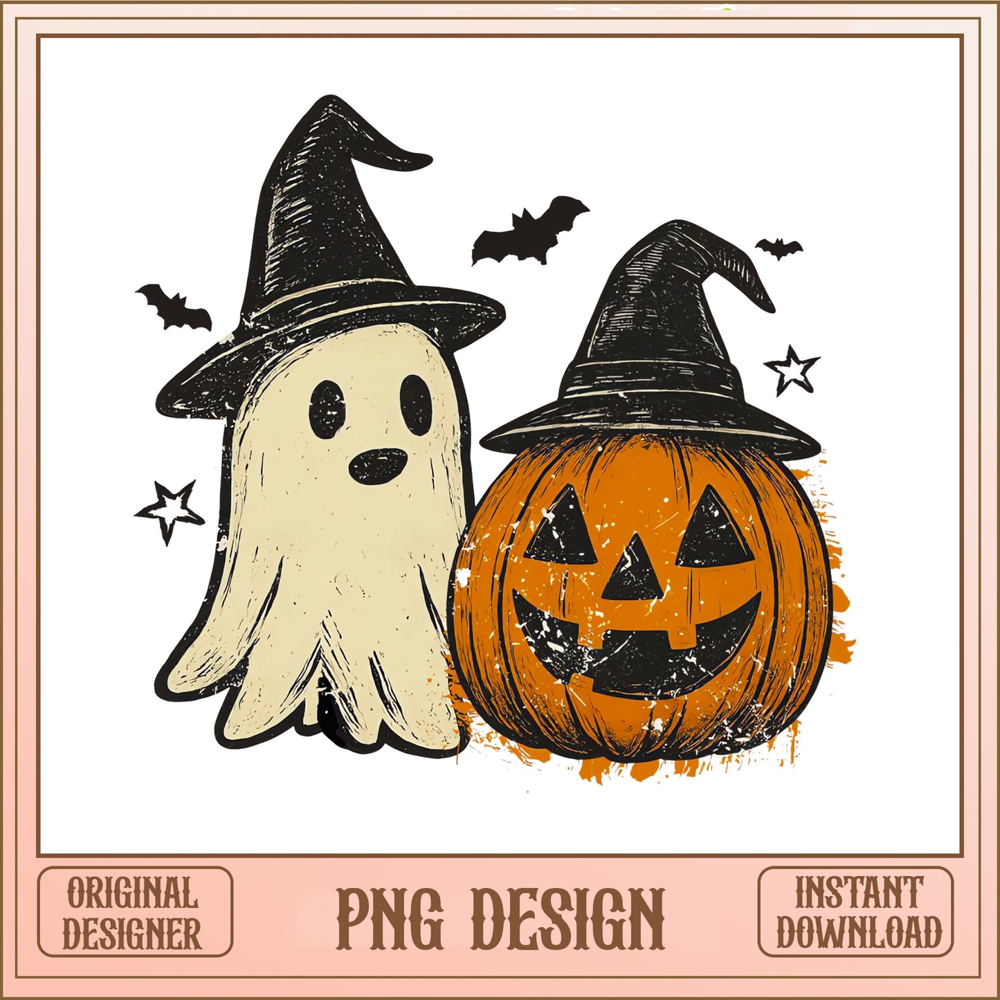 Retro Halloween Ghost Pumpkin PNG, Witch Hat Ghost PNG, Halloween PNG