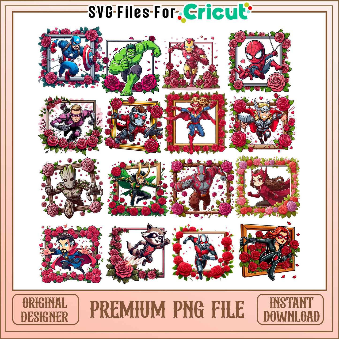 Hero avenger flower valentine bundle png, avengers valentines png