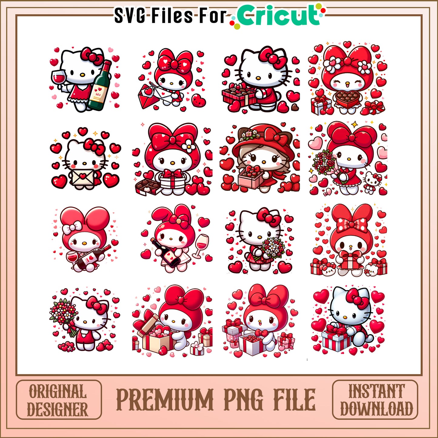 Kitty and melody love valentine bundle png, sanrio valentine png