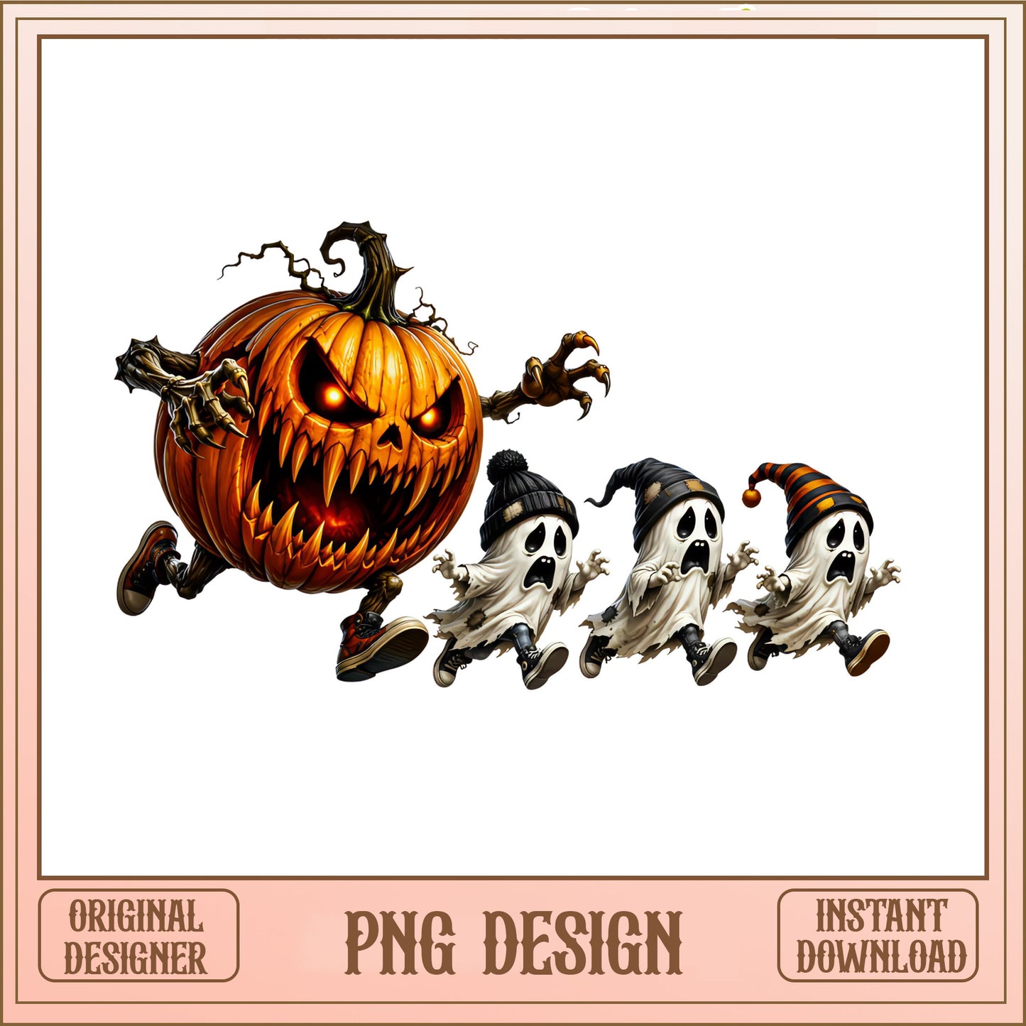 Scary Pumpkin Chasing Ghosts PNG, Halloween PNG, Spooky PNG