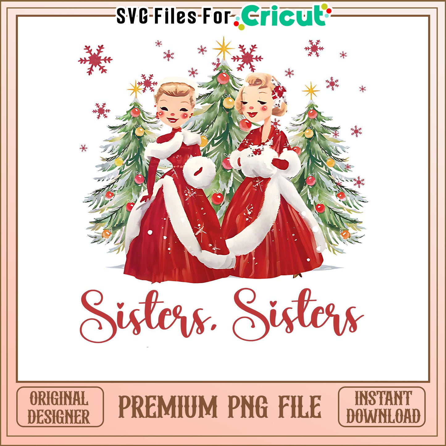 Sisters in Christmas Dresses, Vintage Holiday PNG for Crafts