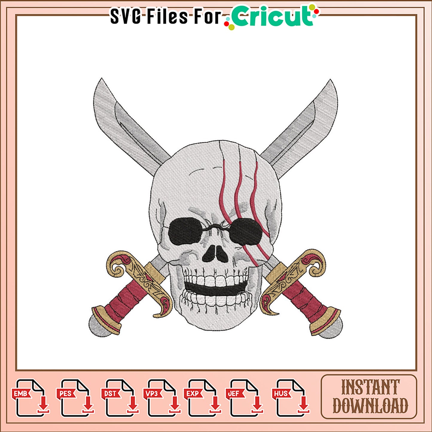 Skull and Swords Embroidery Design Instant Download