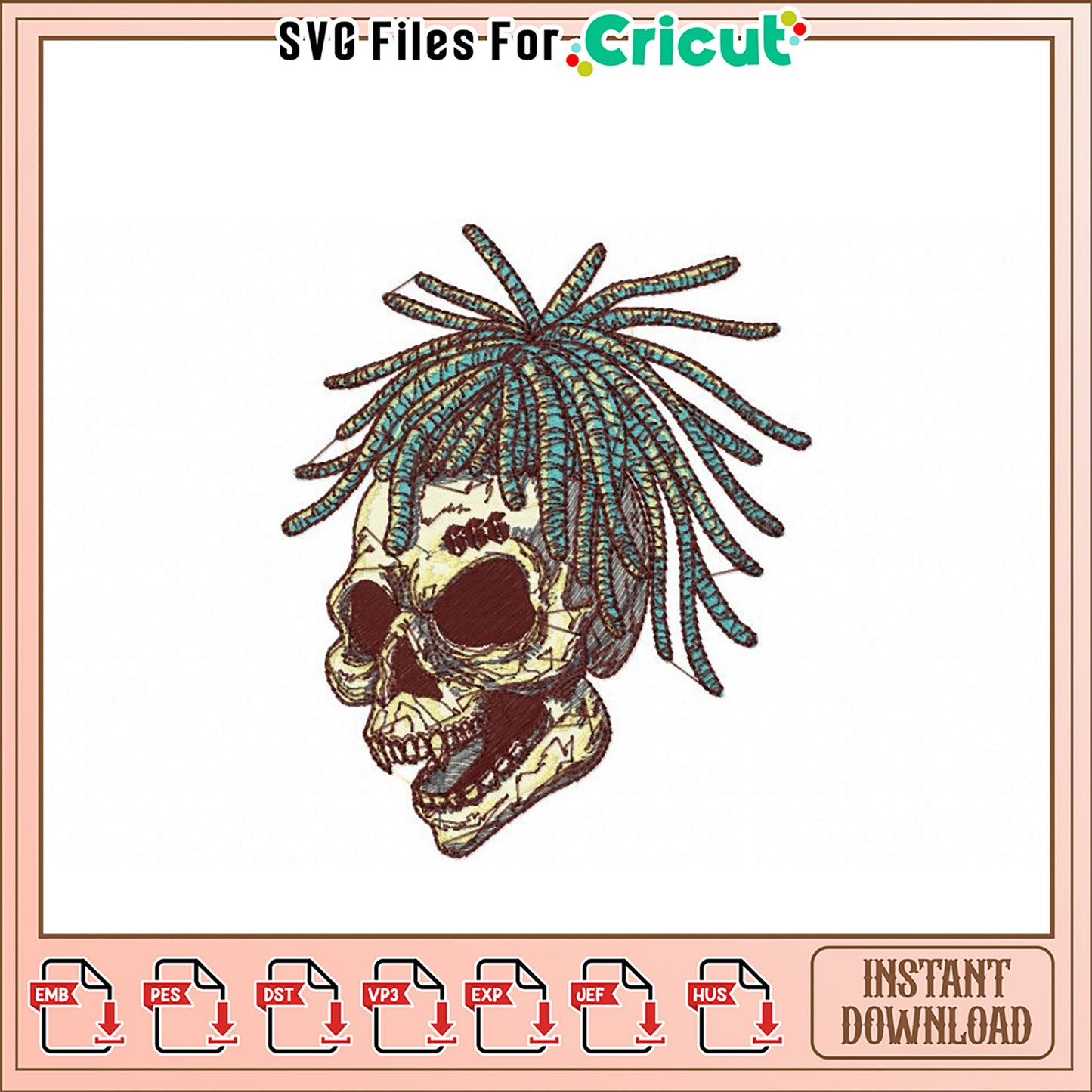 Skull with Dreadlocks Embroidery Design