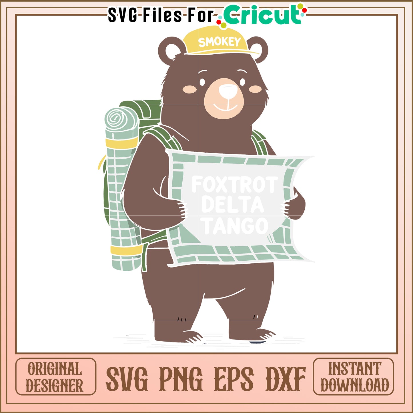 Smokey Bear cartoon character holding a map, perfect for outdoor themes