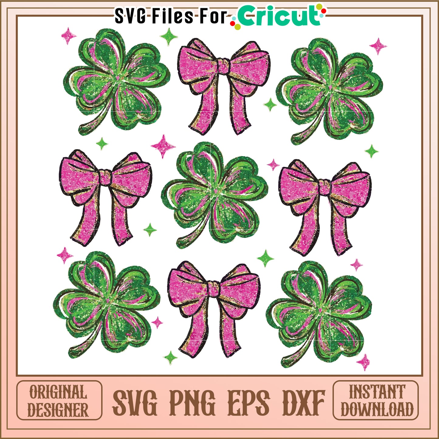 Sparkling pink bows and green clovers, perfect for festive designs
