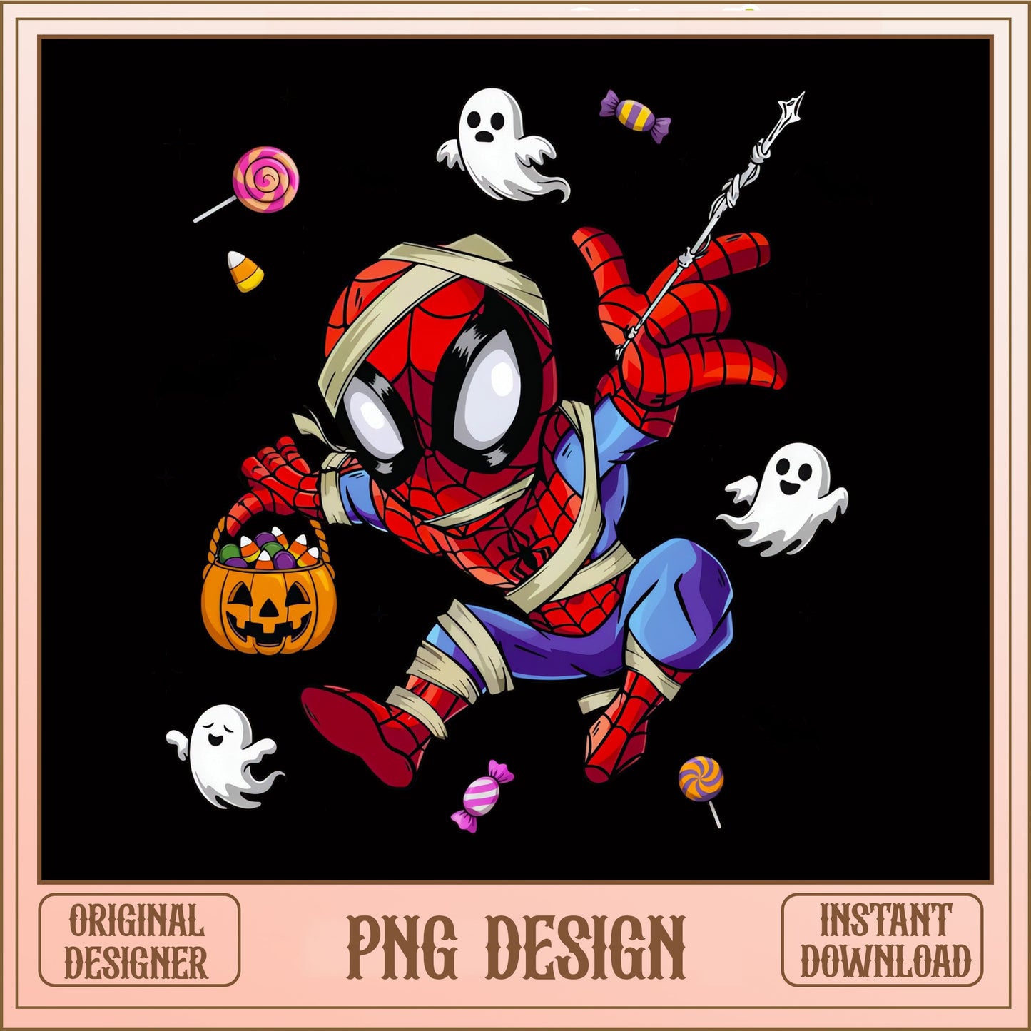 Spiderman Mummy Halloween PNG, Ghost Candy Pumpkin PNG, Marvel PNG