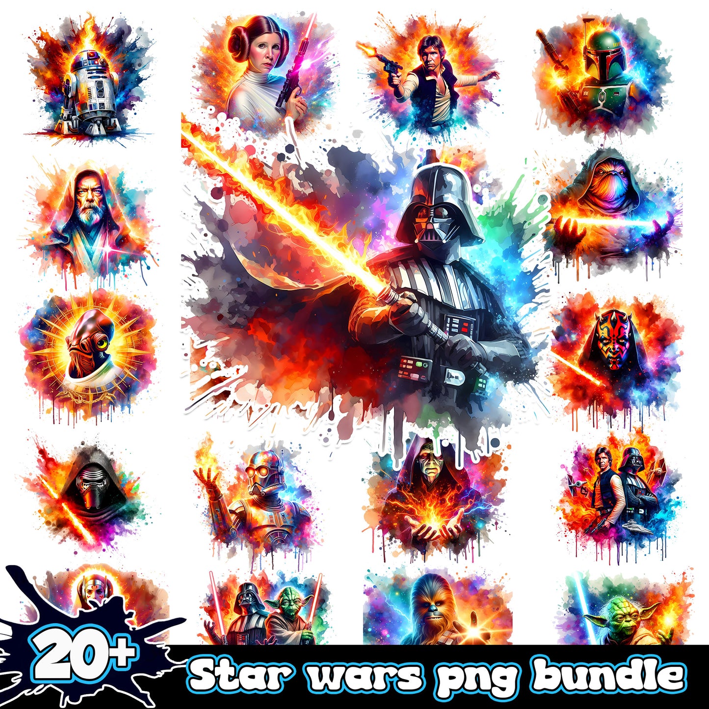Star war characters watercolor bundle png, star wars characters png