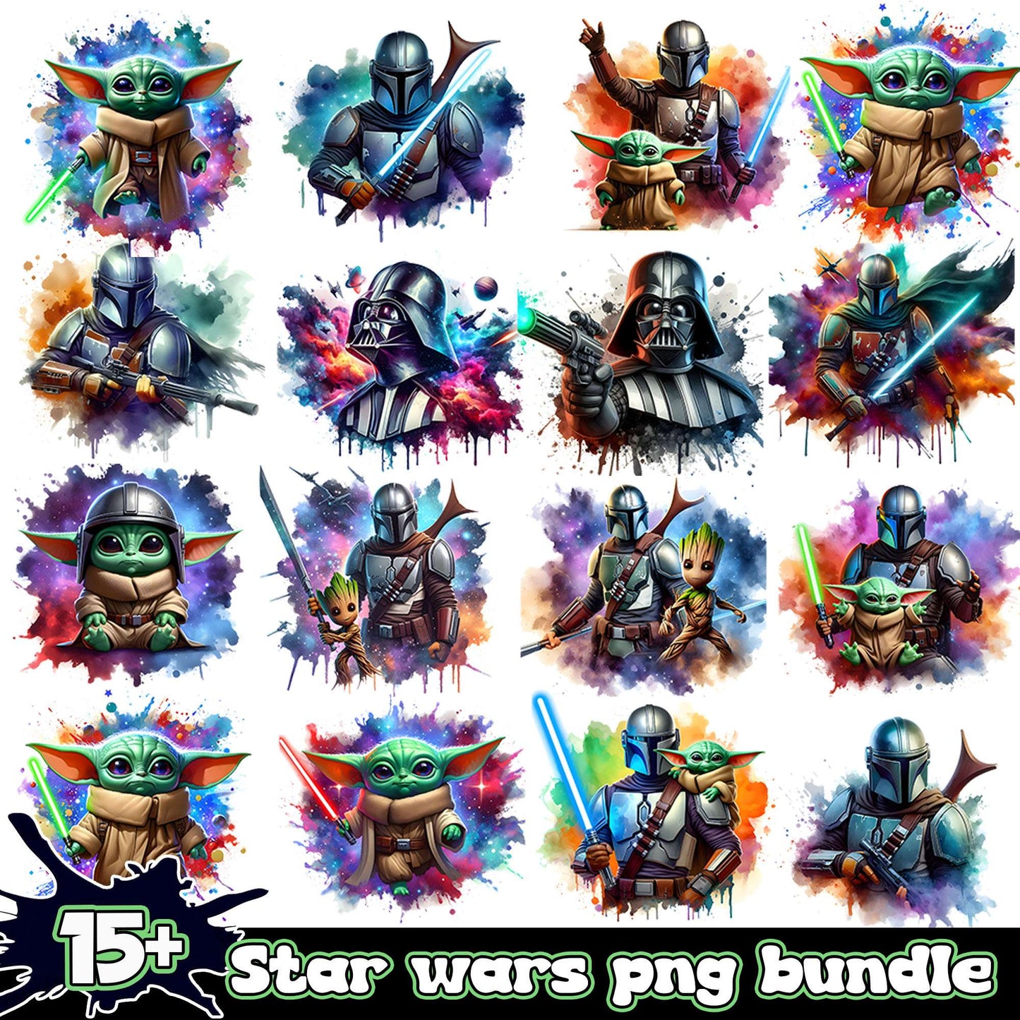 Star war characters watercolor design bundle png, star wars png