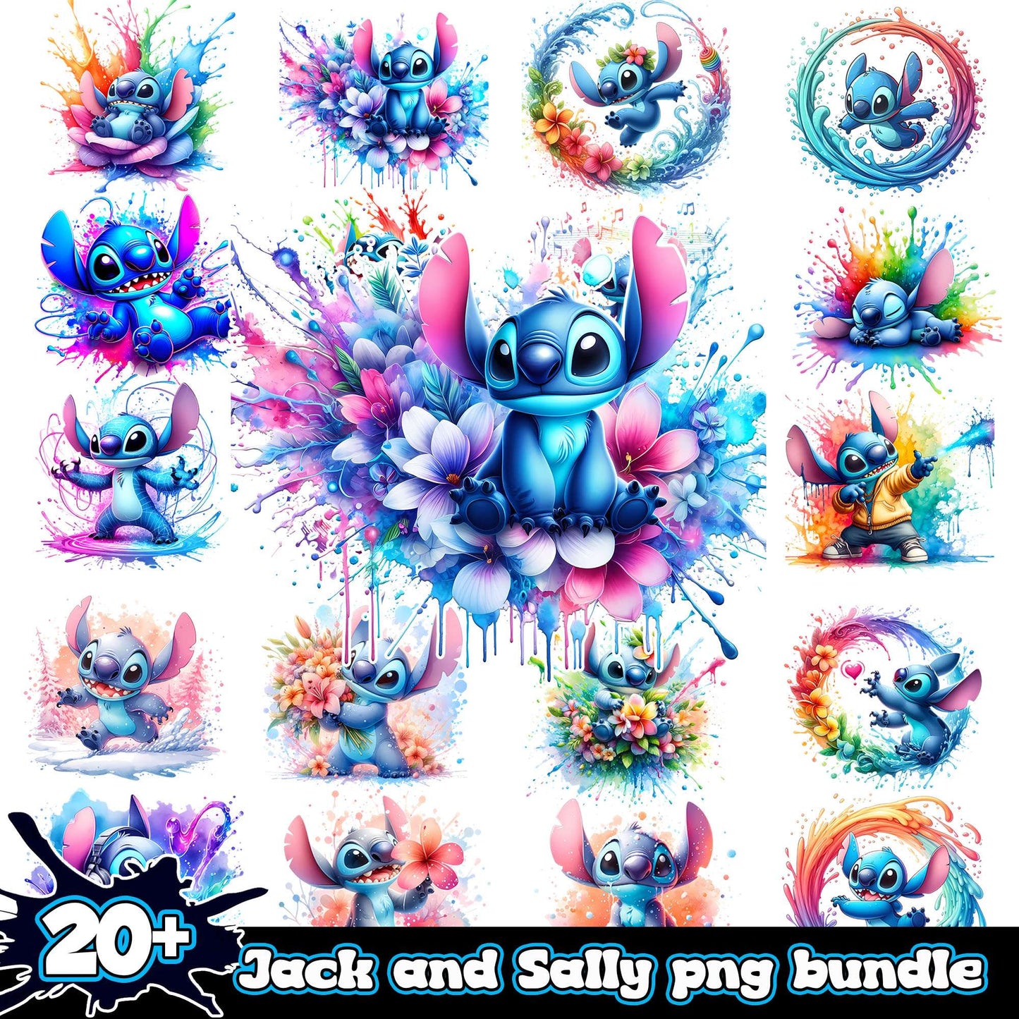 Stitch watercolor design bundle png, lilo stitch cartoon png