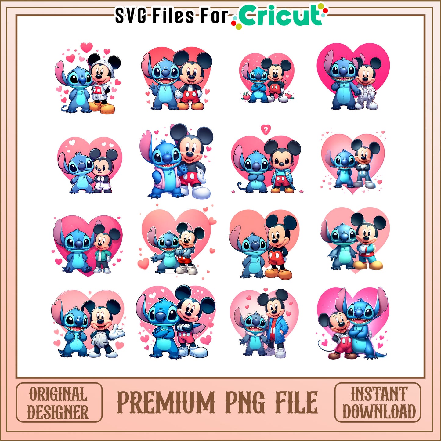 Mickey and stitch heart bundle png, stitch and mickey mouse png