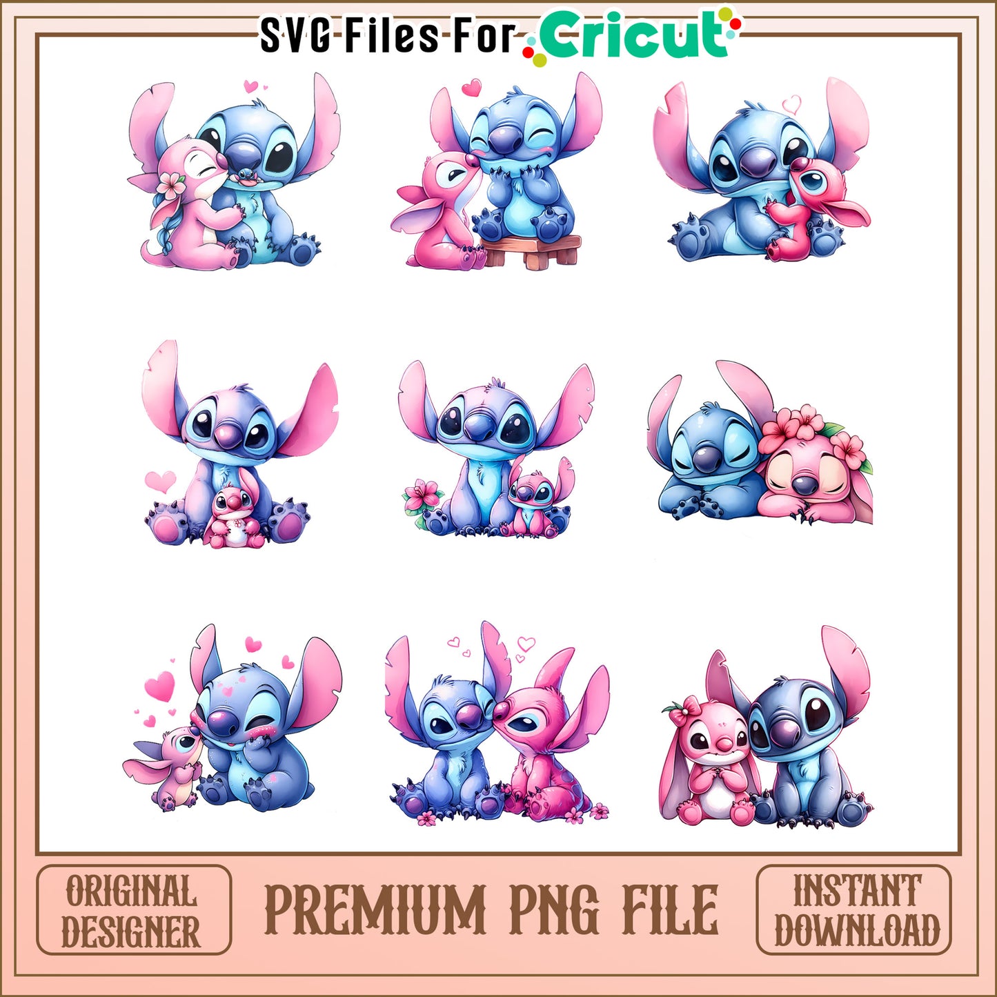 Disney stitch couple valentine bundle png, angle and stitch png