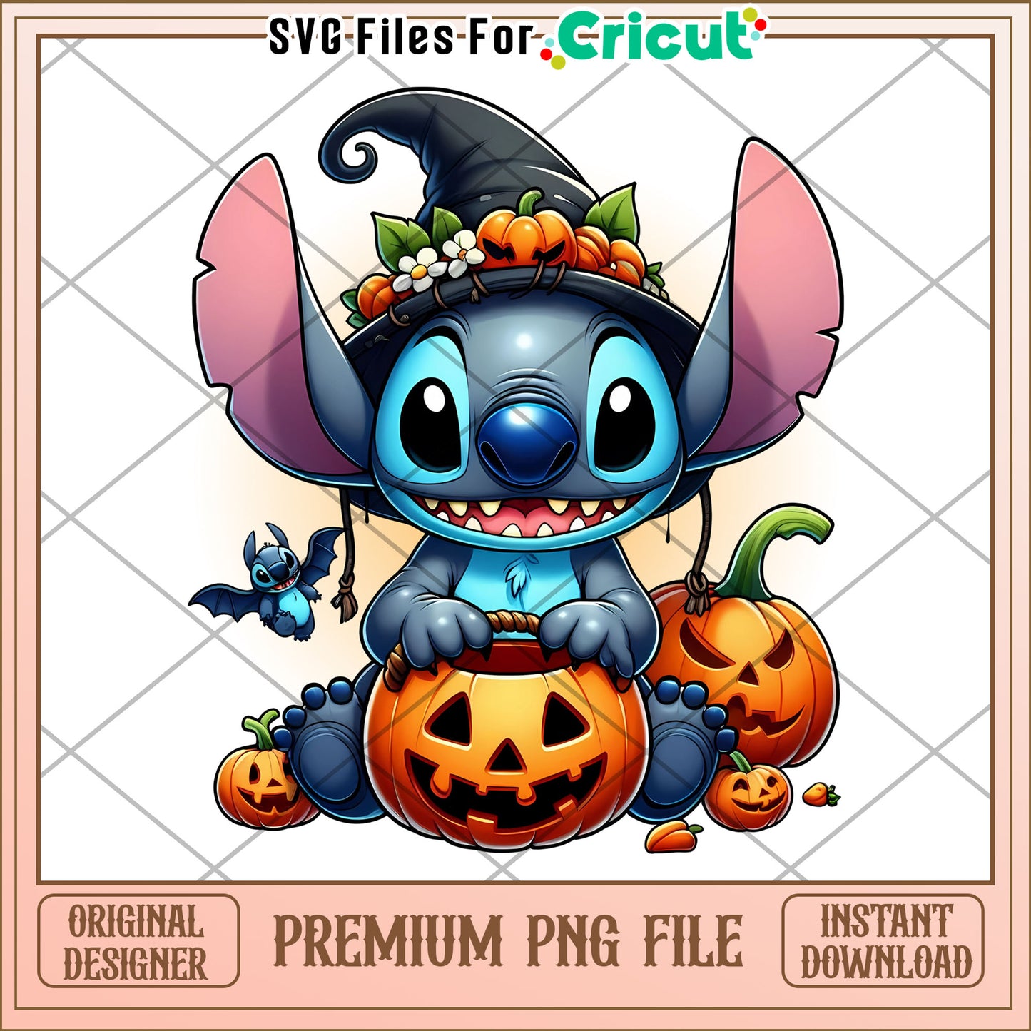 Stitch and pumpkin png, spirit halloween png, funny stitch png