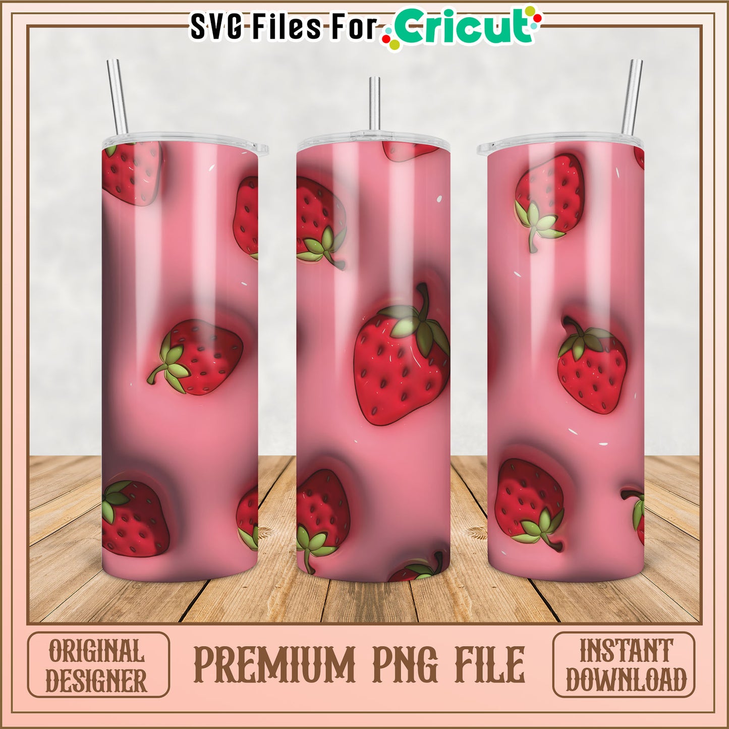 Strawberry Print Tumbler PNG File for Cricut Projects Download