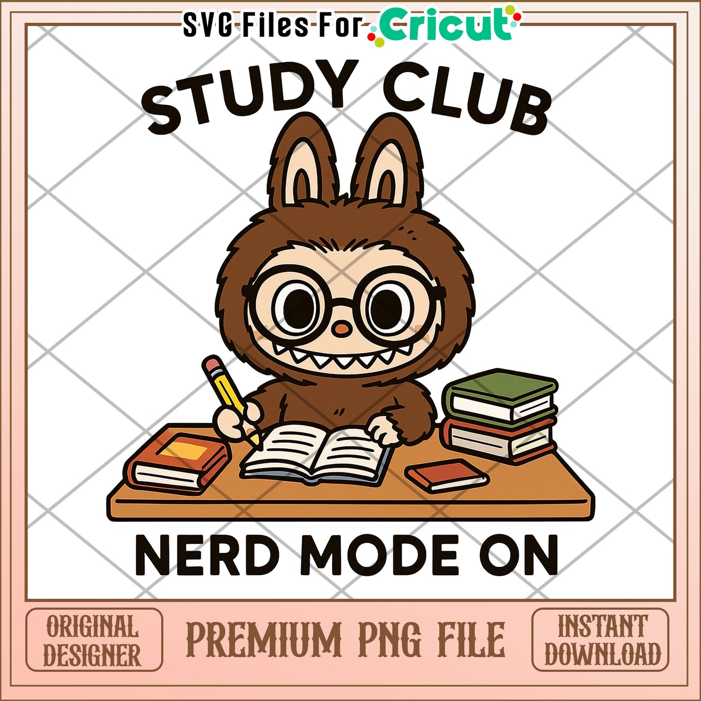 Study club nerd mode on png, labubu keychain png, labubu doll png
