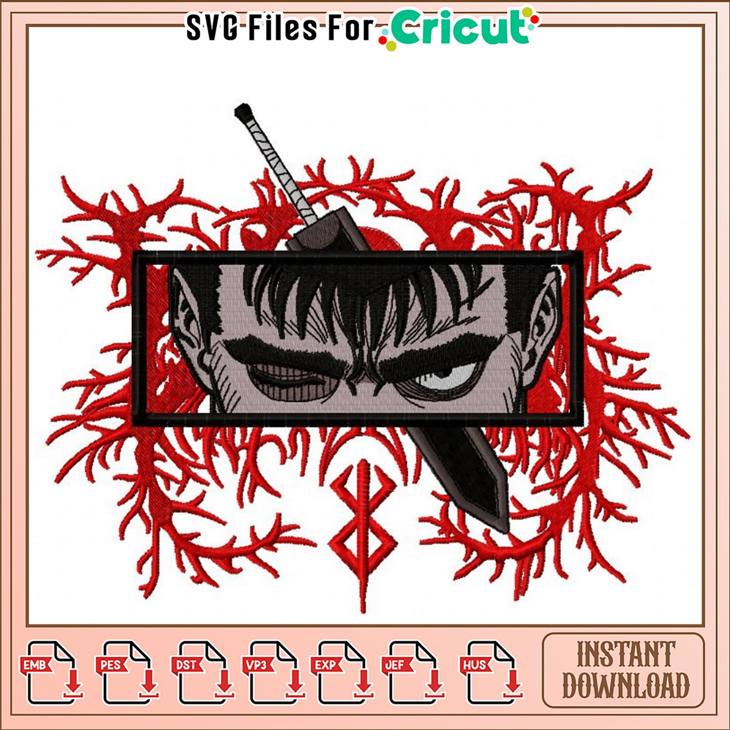 Stylish Embroidery Design with Sword and Character Art