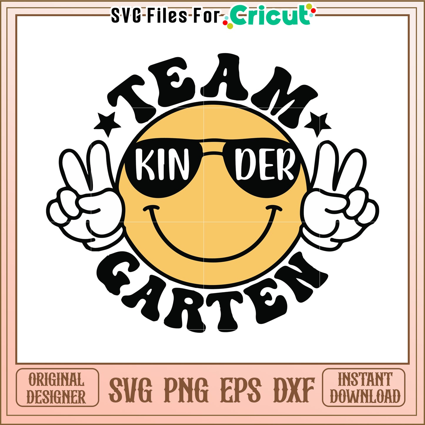 Team Kinder Garten design features a smiling face and peace sign, perfect for cheerful gifts and apparel.