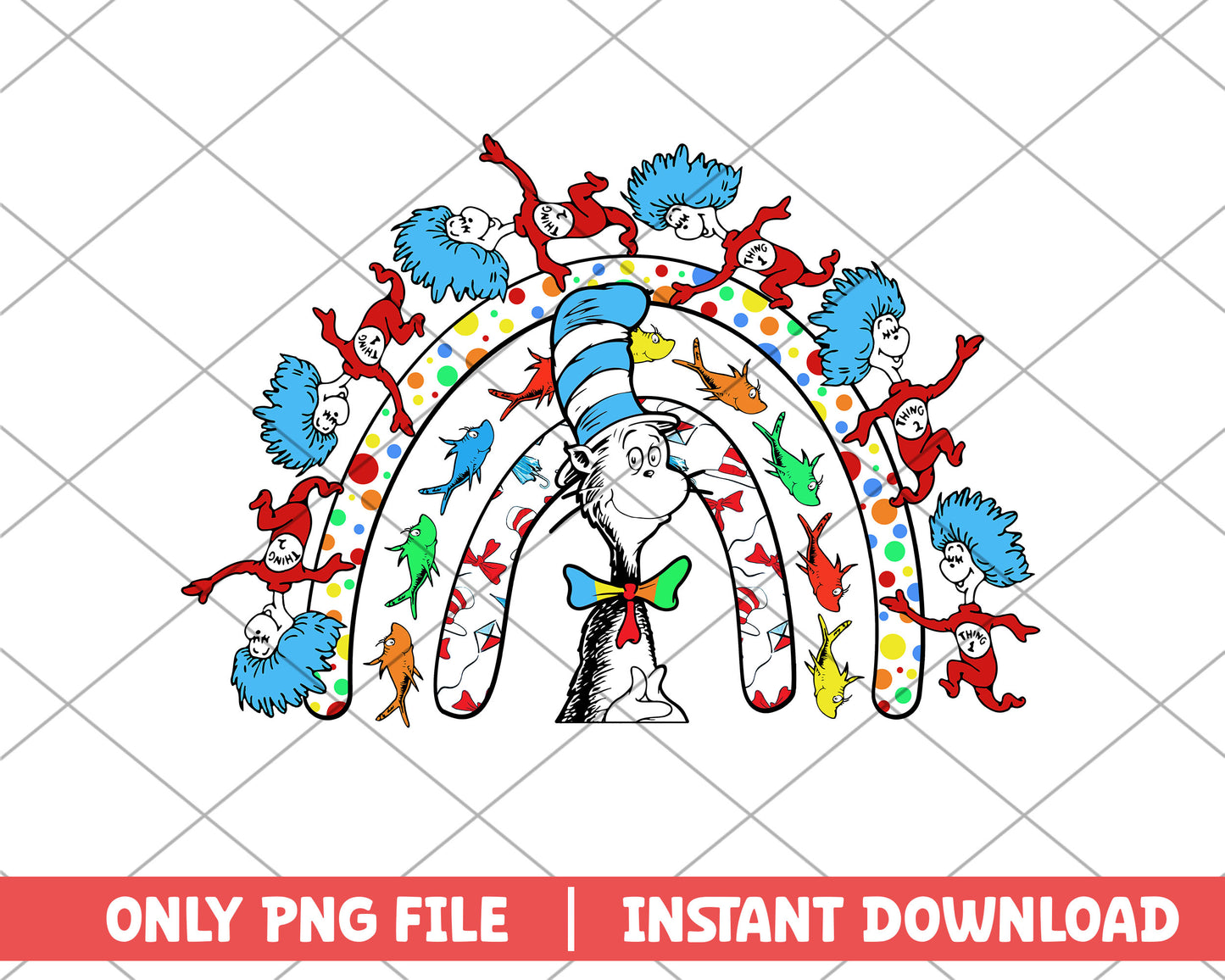 The cat in the hat and thing one and fishes png