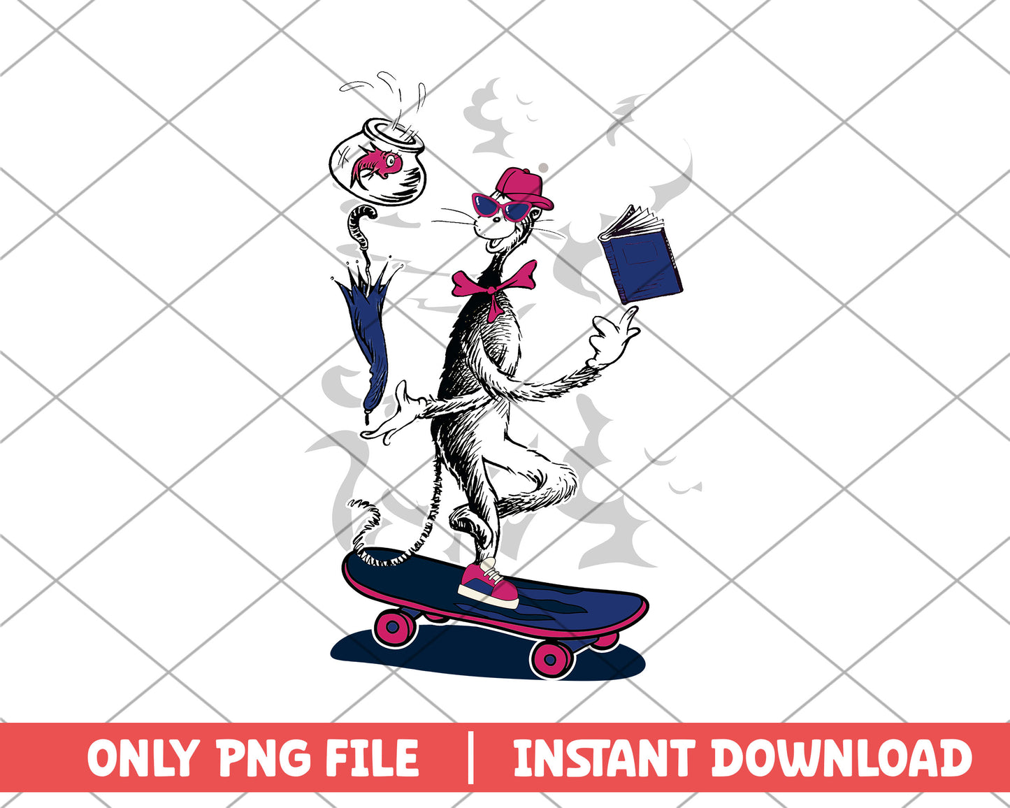The cat in the hat skateboarding pink png