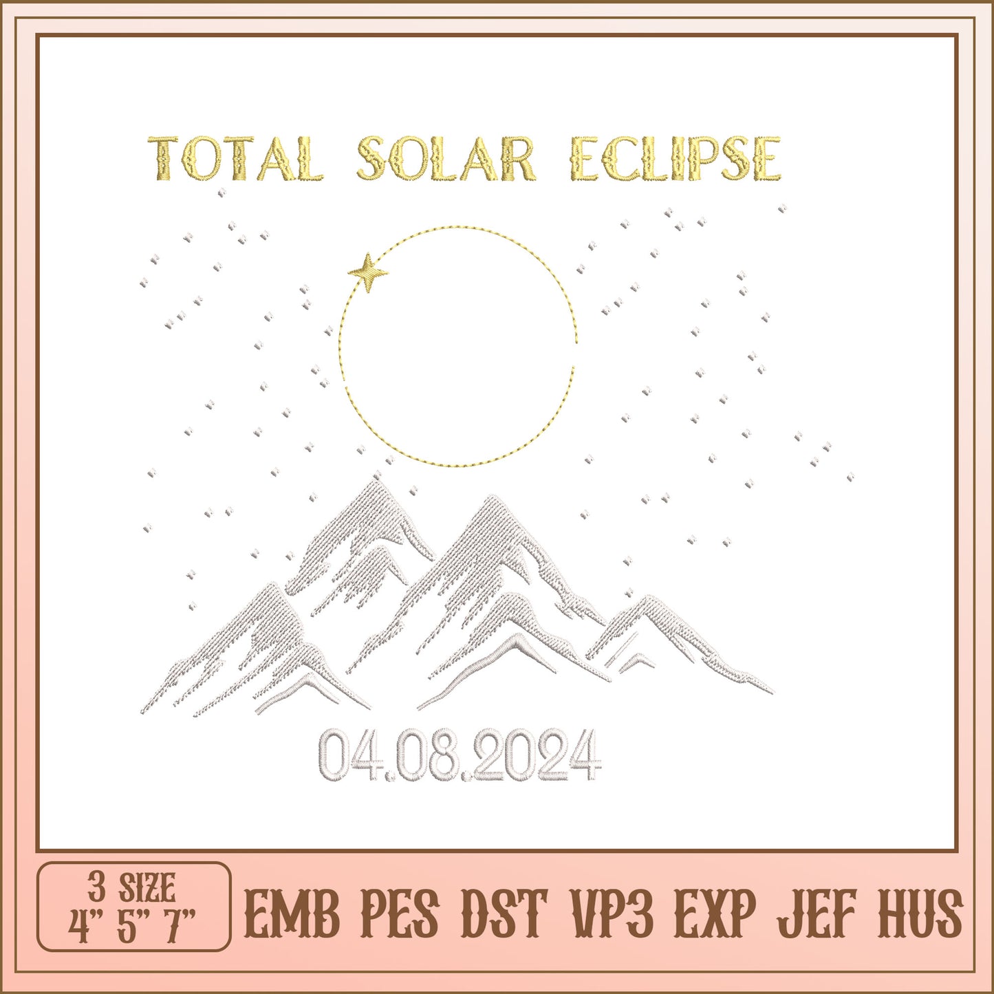Total Solar Eclipse Embroidery Design for 2024 Event Use