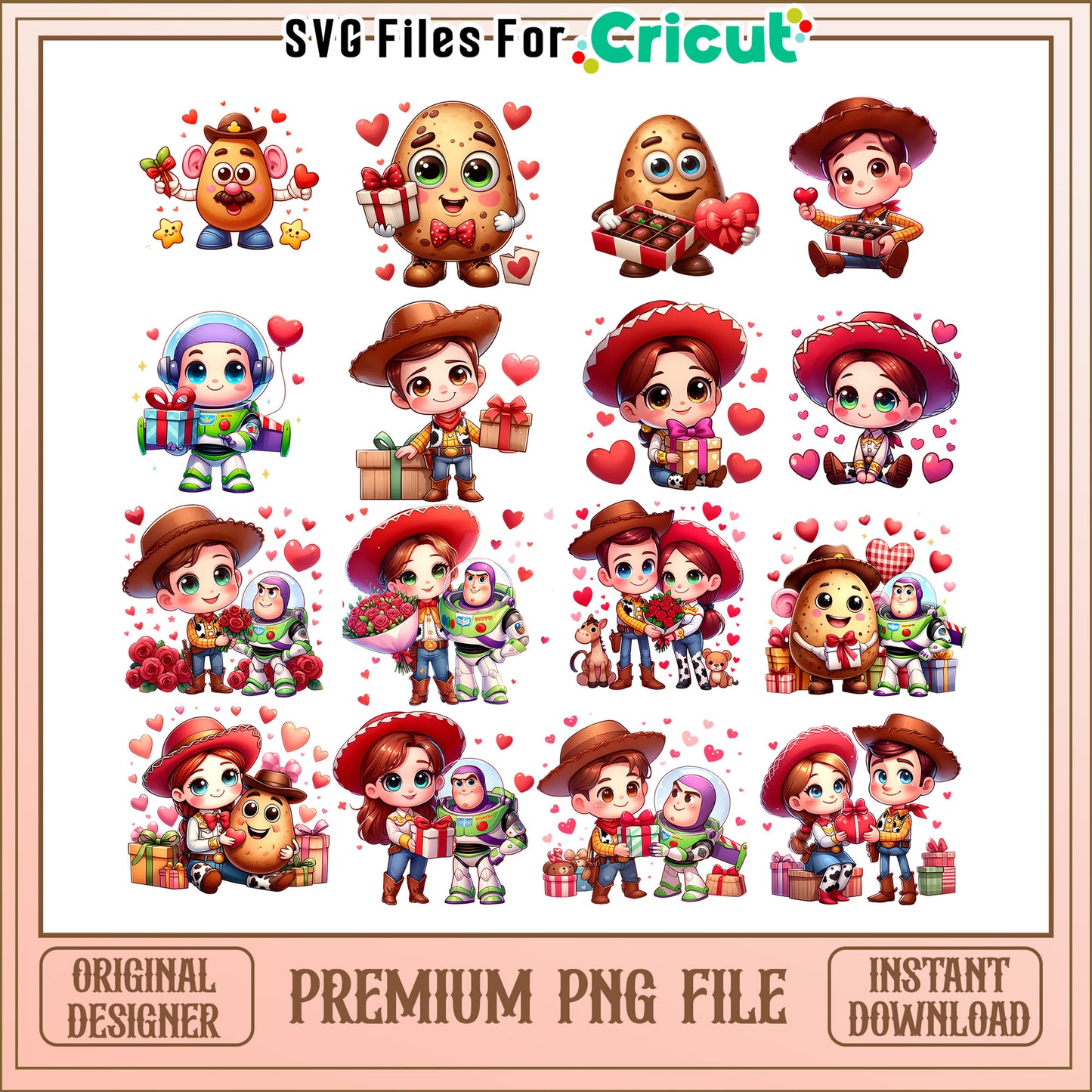 Toy story couple love bundle png, toy story valentines png