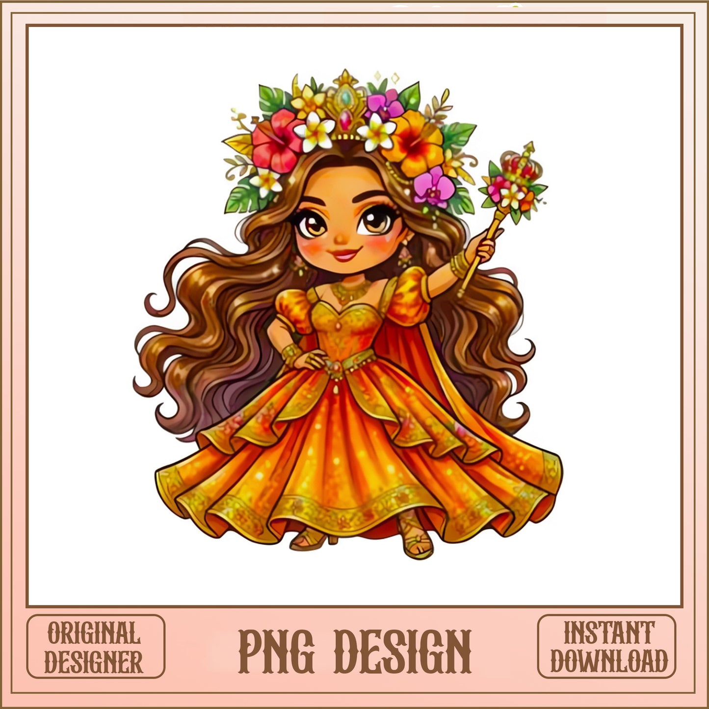 Tropical Floral Princess PNG, Cute Chibi Queen Clipart, PNG