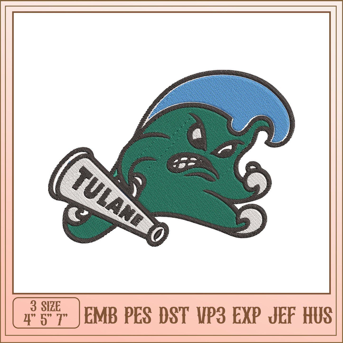 Tulane Wave Embroidery Design