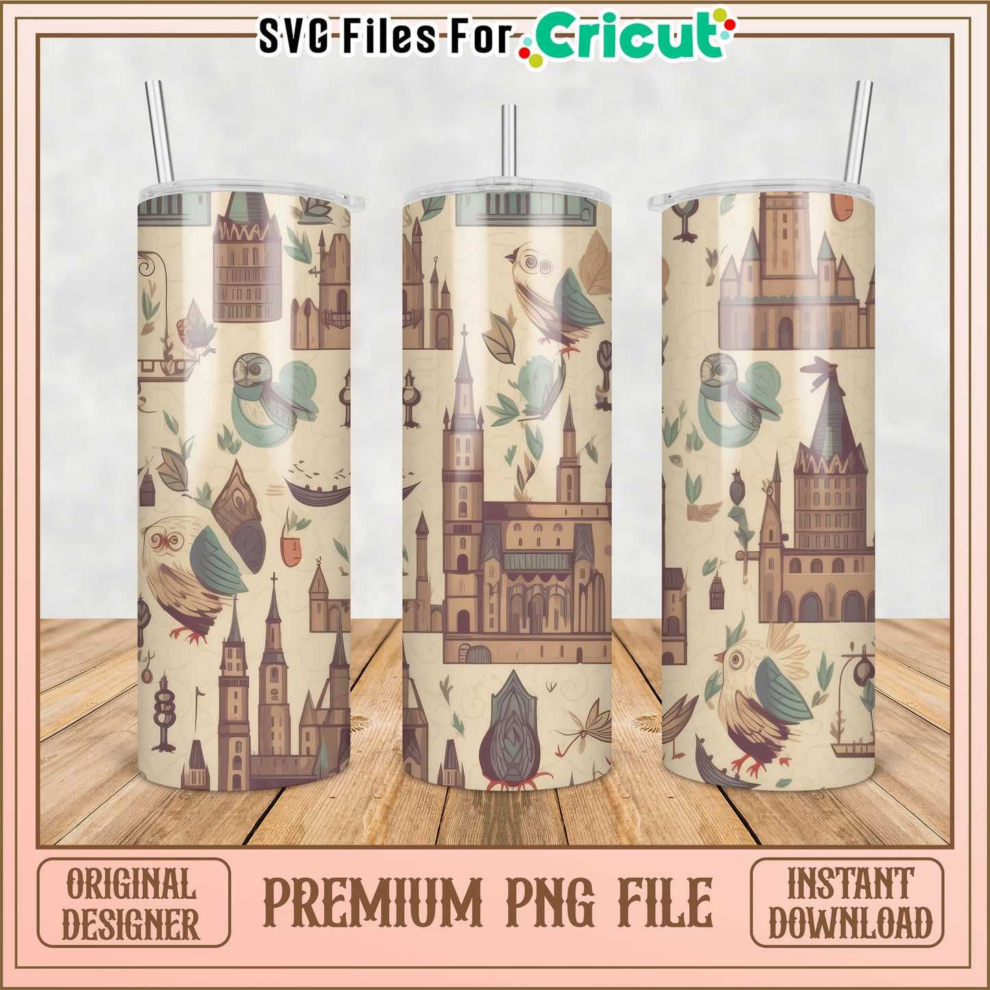 Tumbler PNG Design Castles & Birds