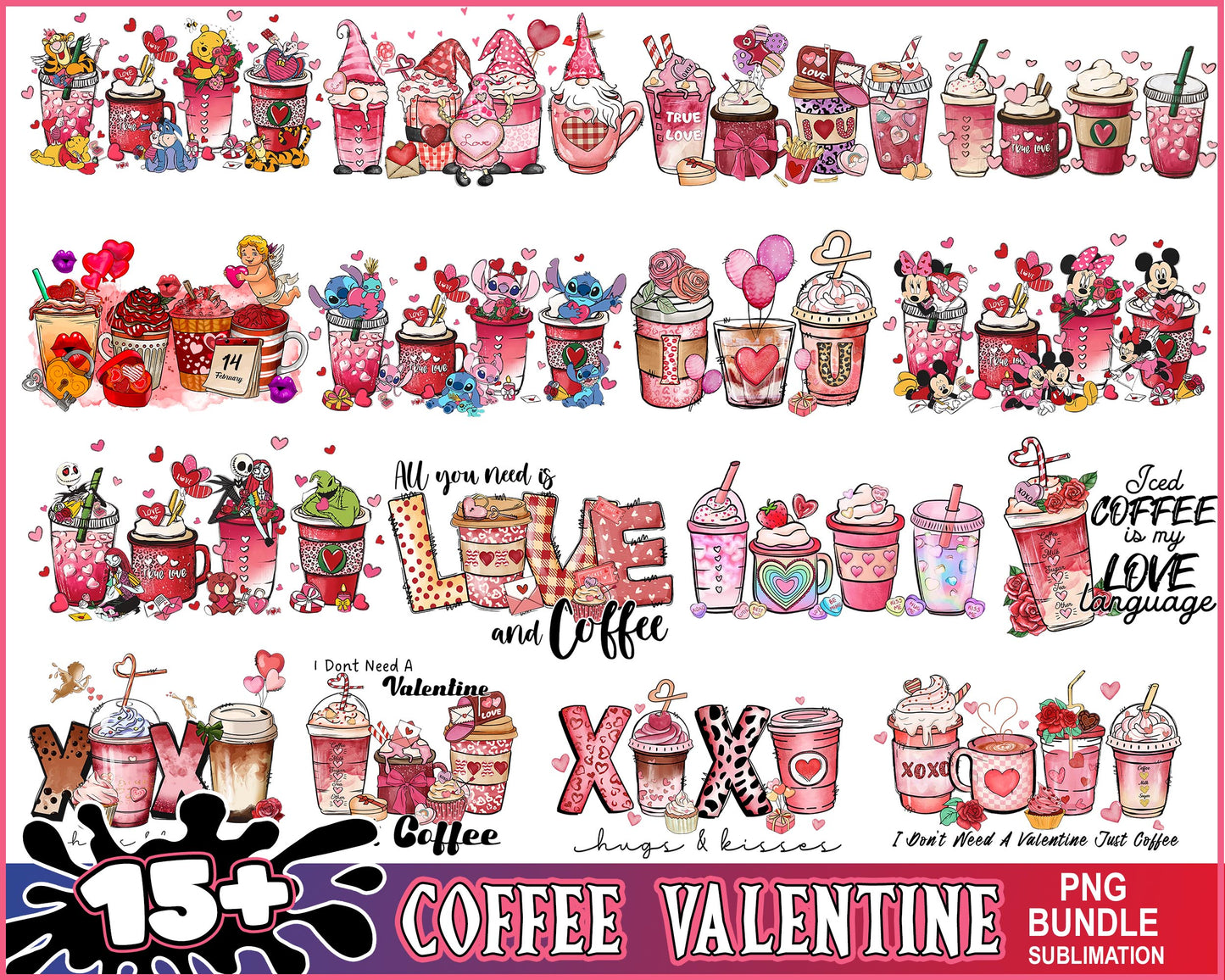 Disney characters coffee valentine bundle png, coffee valentine png
