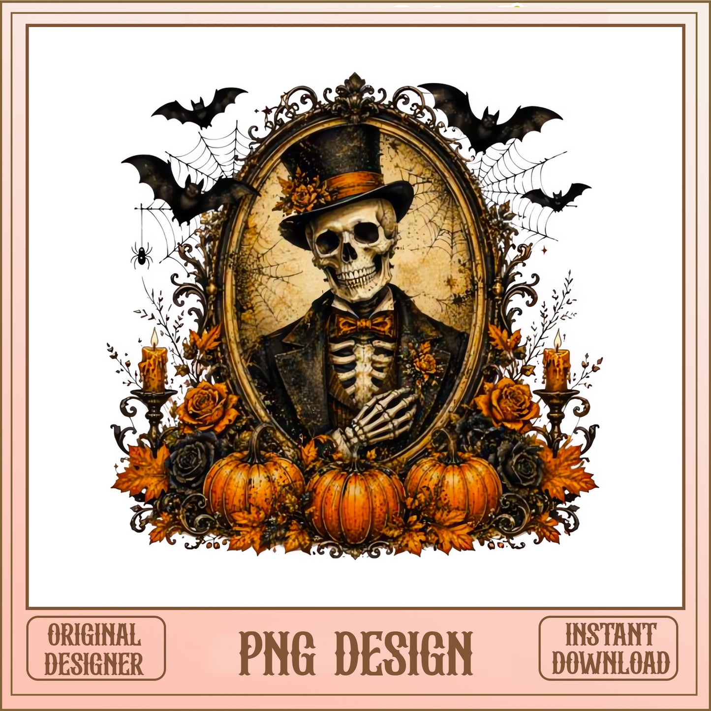 Victorian Skeleton Halloween PNG, Gothic Skull Pumpkin PNG, Spooky Fall PNG