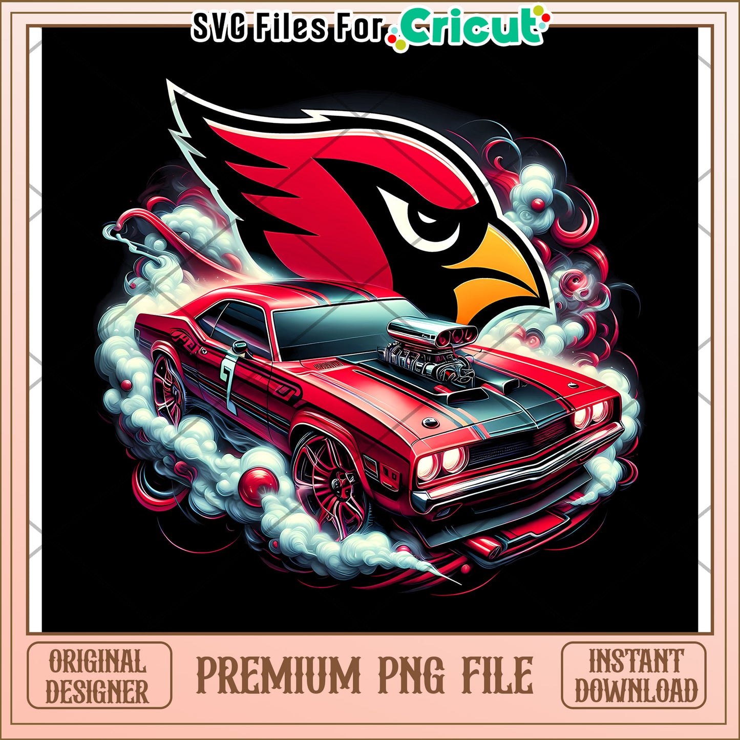 Vintage Muscle Car with Cardinal Logo Design, Instant PNG Download