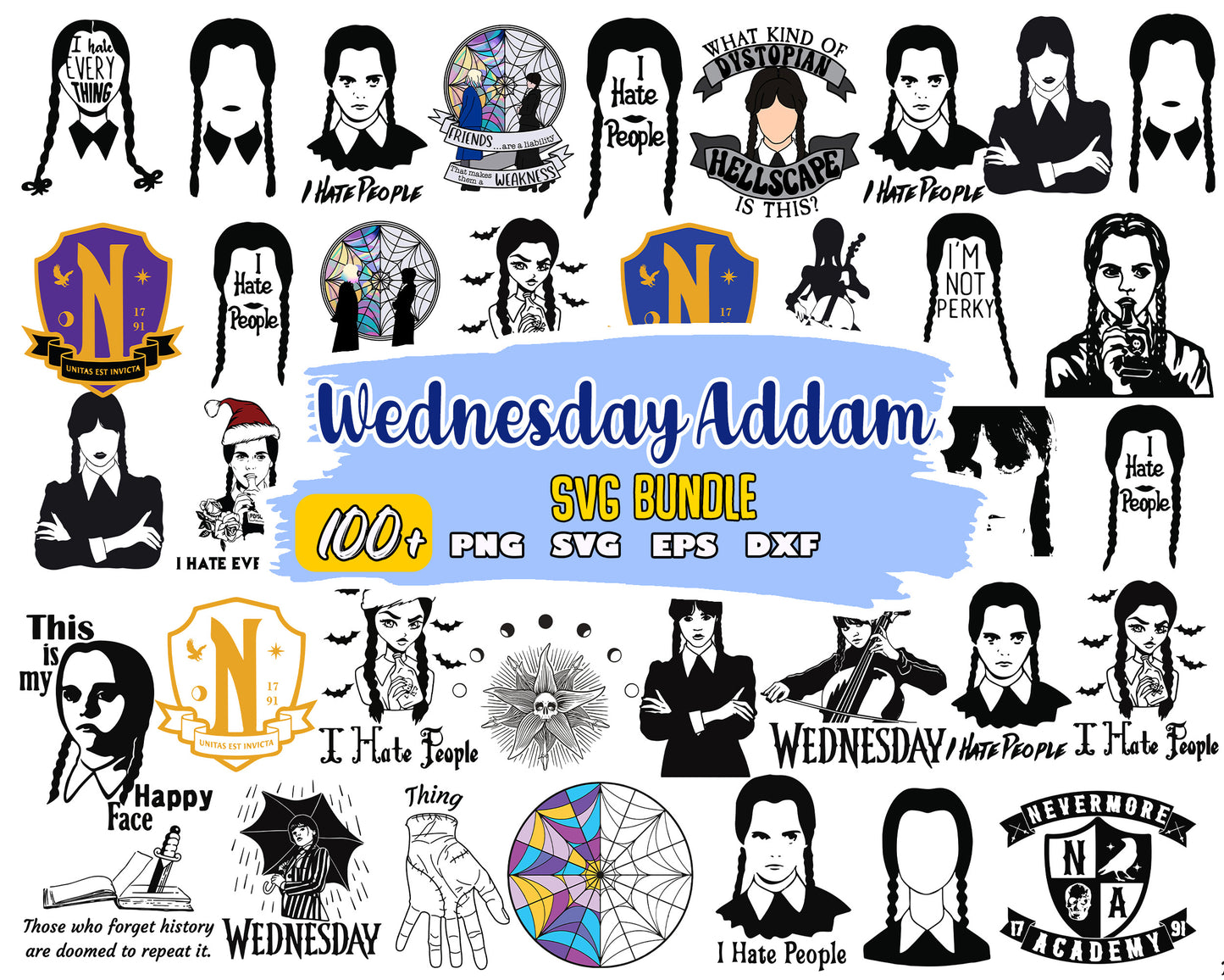Wednesday i hate people black white bundle svg, wednesday addams svg