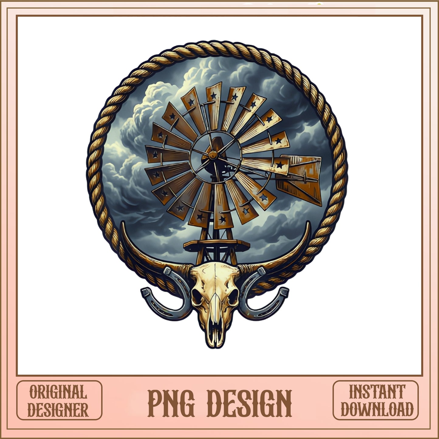 Western Windmill Bull Skull PNG, Rope Frame Cowboy PNG, Rustic Farm PNG