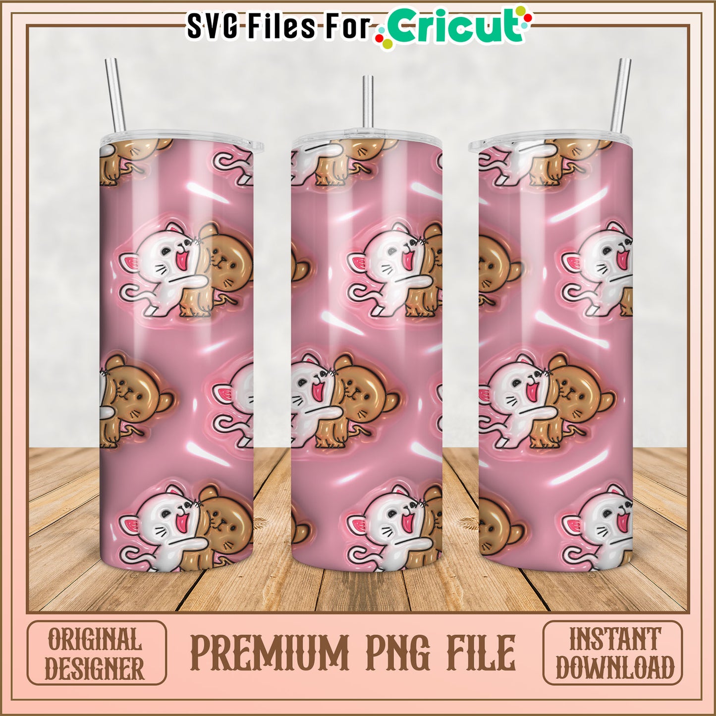 Whimsical Cat and Bear Tumbler Design PNG for Cricut Crafts