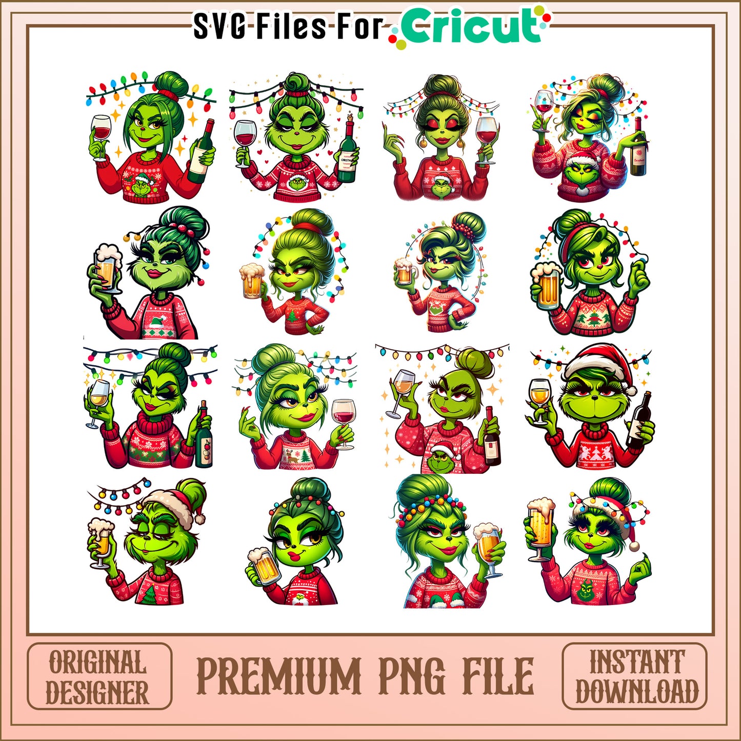 Wine grinch girl christmas bundle png, grinch girls png