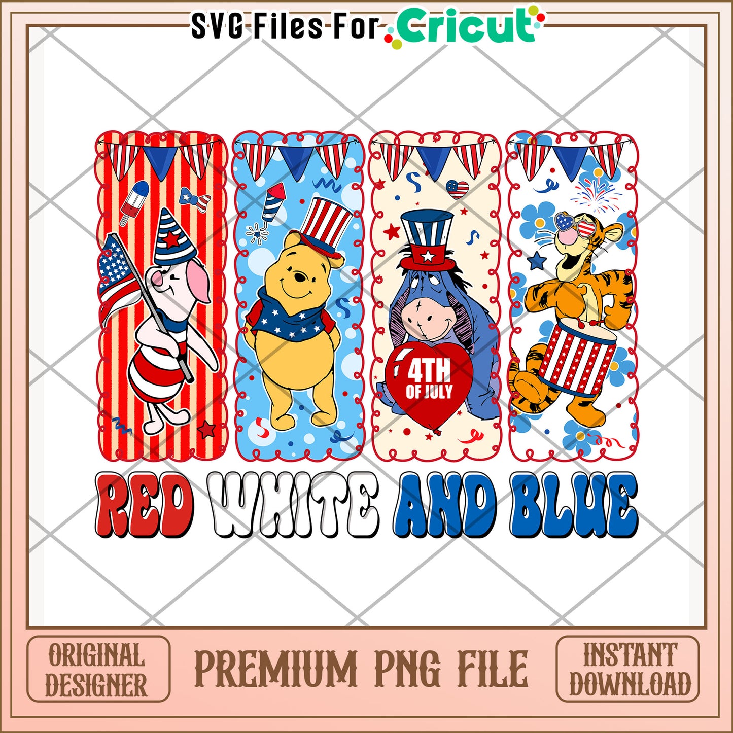 Winnie red white and blue png, 4th of july design png, patriotic theme png
