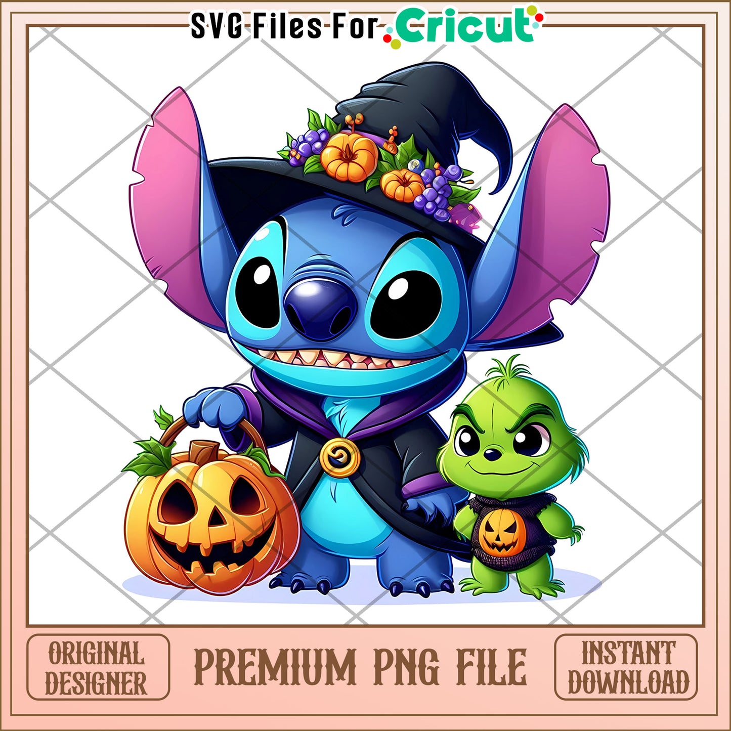 Witch stitch with grinch png, halloween for kids png, stitch cartoon png