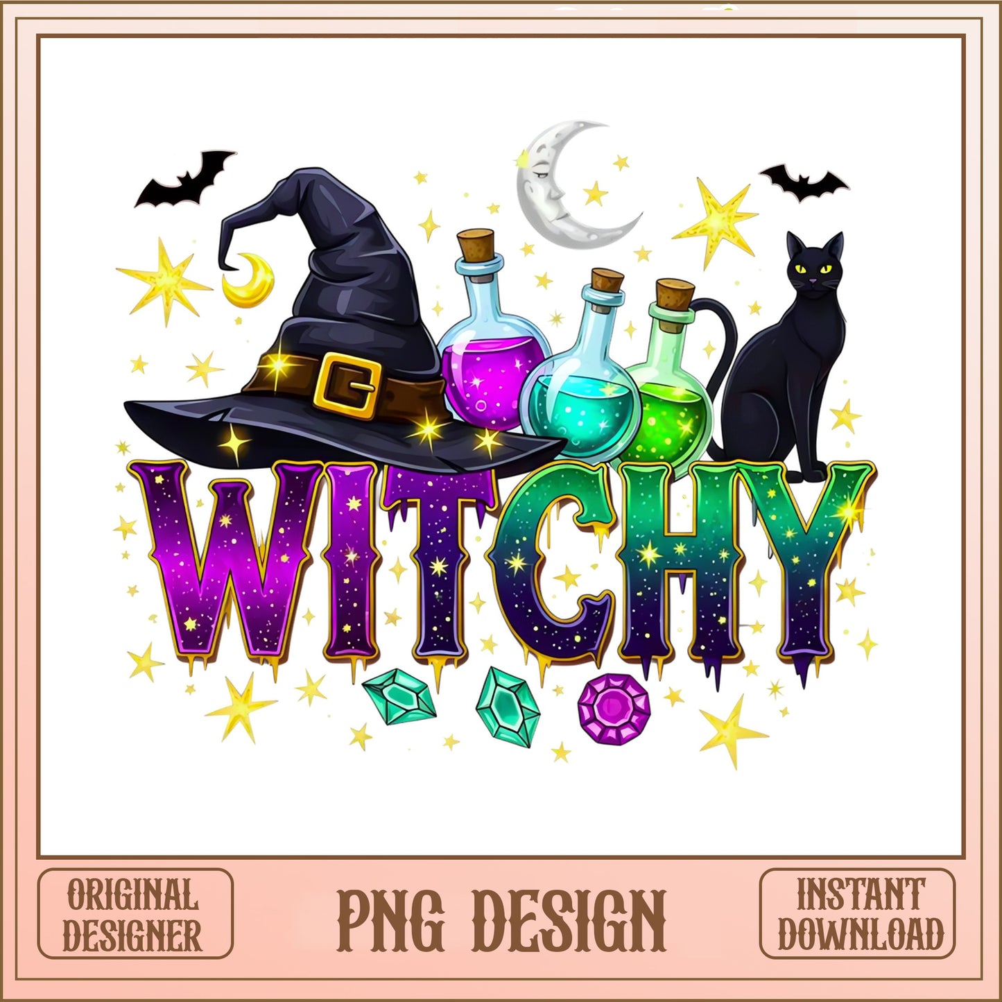 Witchy Halloween PNG, Witch Hat Black Cat Potion PNG, Halloween PNG