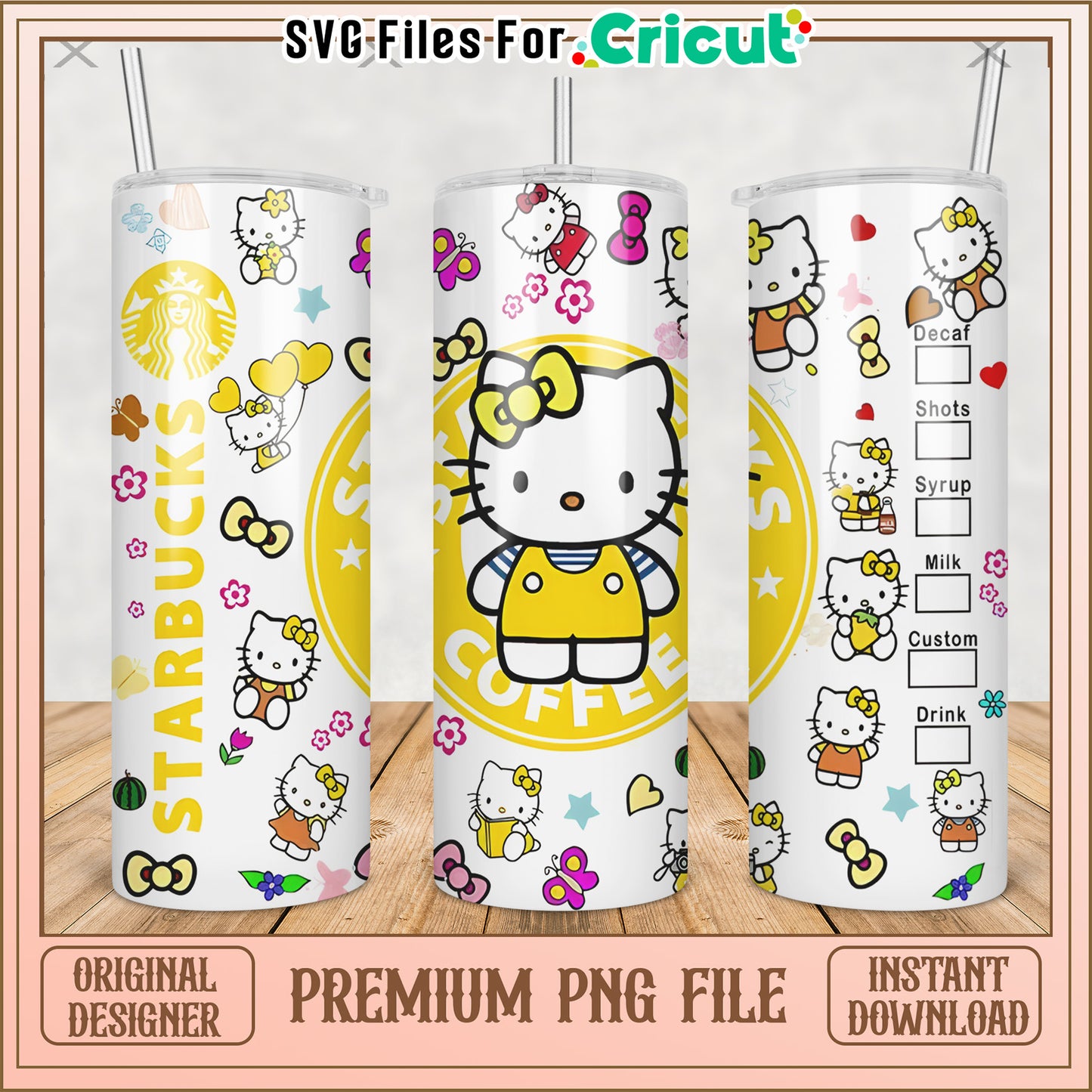 Yellow hello kitty tumbler png, cute characters png, kuromi hello kitty png