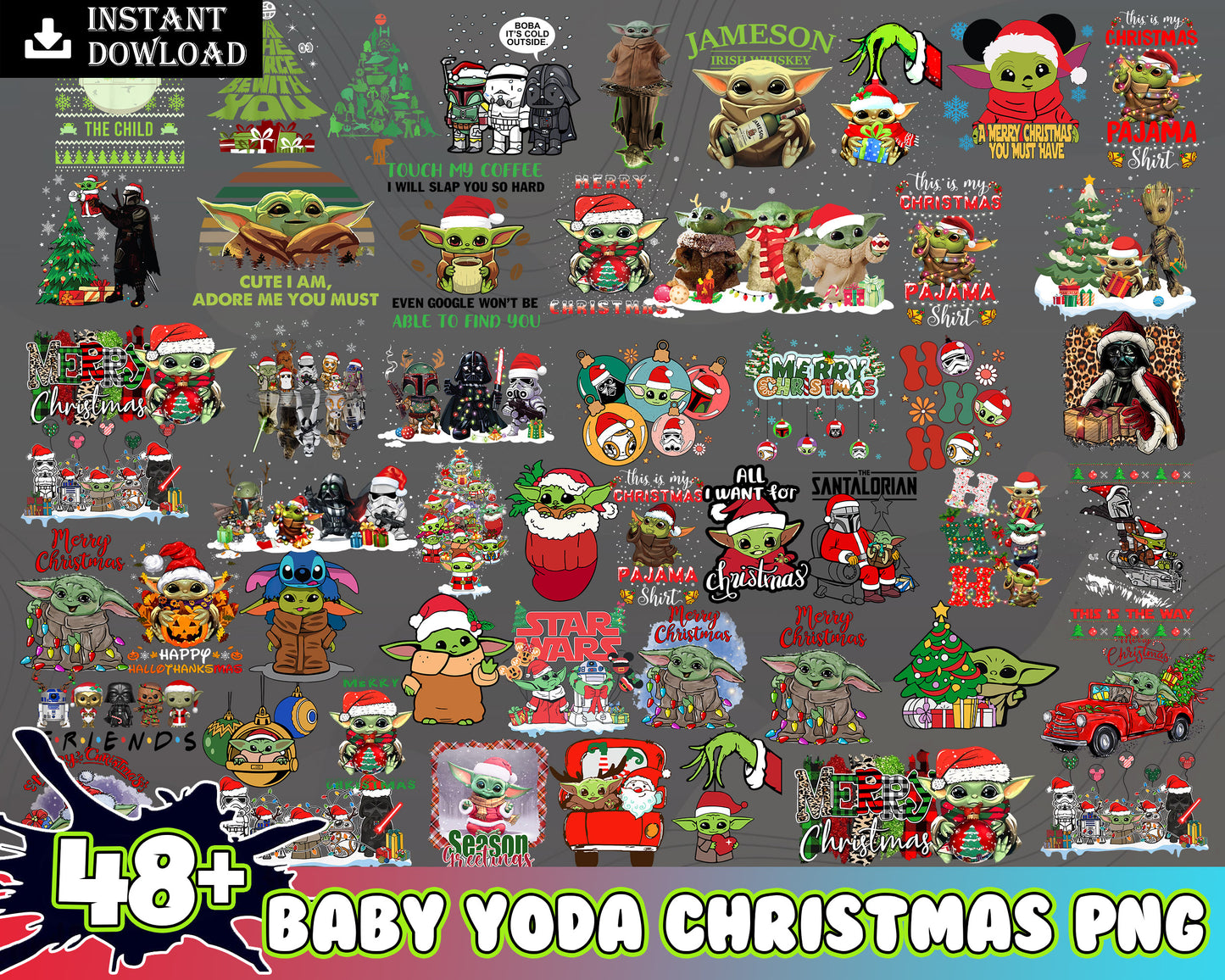 Baby yoda merry christmas bundle png, baby yoda christmas png
