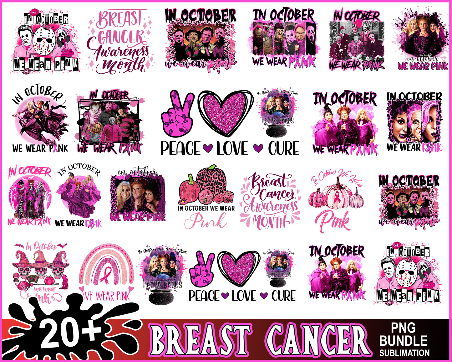 In october we wear pink horror movie bundle png, hocus pocus png