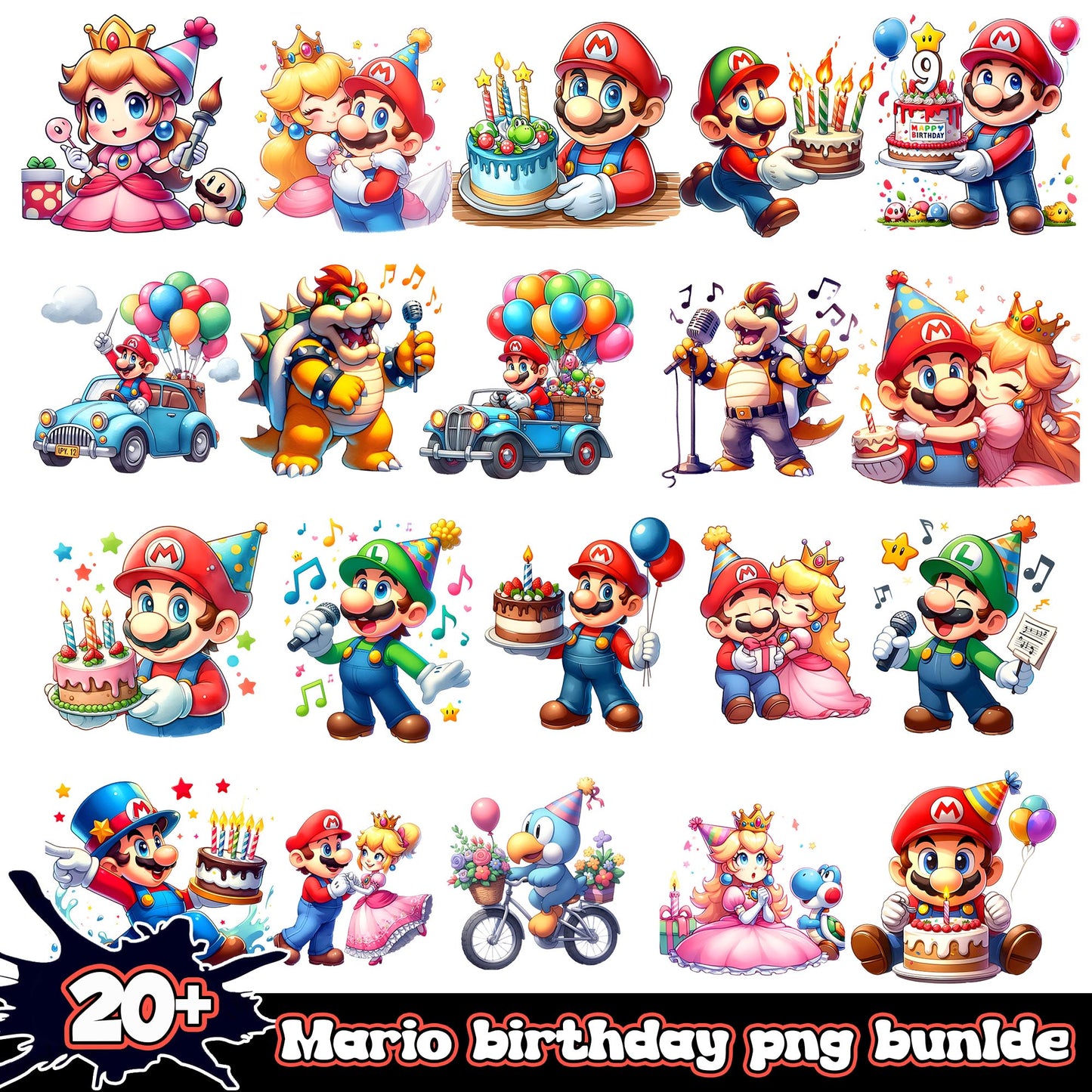 Mario chibi birthday design bundle png, super mario birthday png