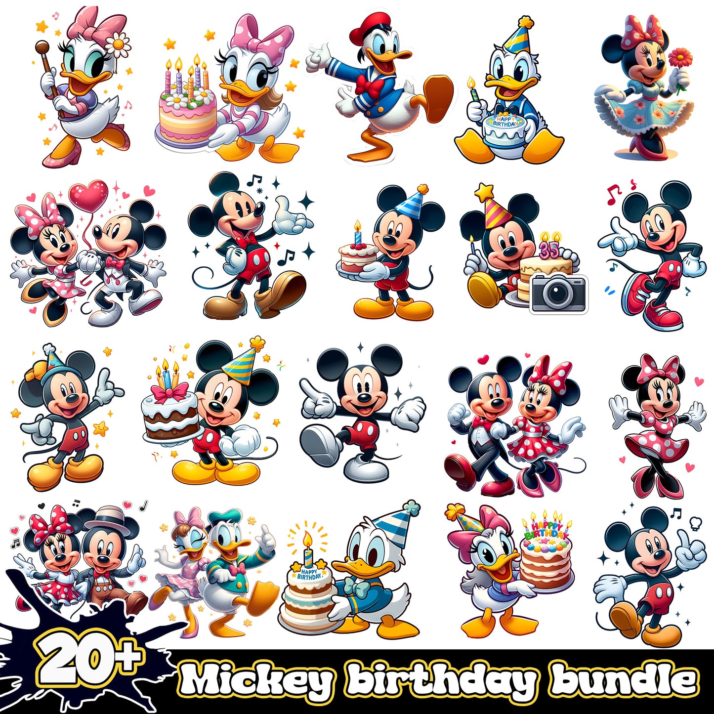 Mickey characters birthday bundle png, mickey and friends birthday png