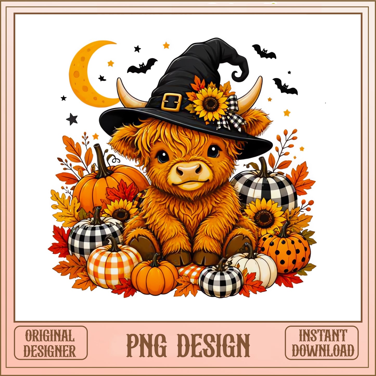 Halloween Highland Cow PNG, Witch Hat Pumpkin Fall PNG, Cute Cow PNG