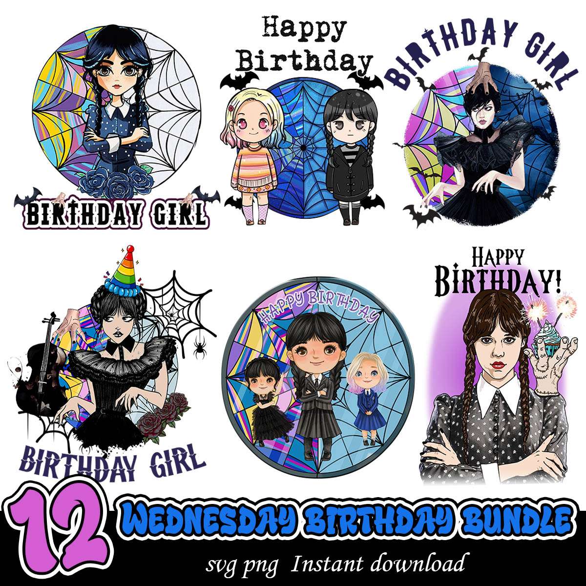 Wednesday Addams Happy birthday svg, Wednesday Addams Netflix series svg bundle