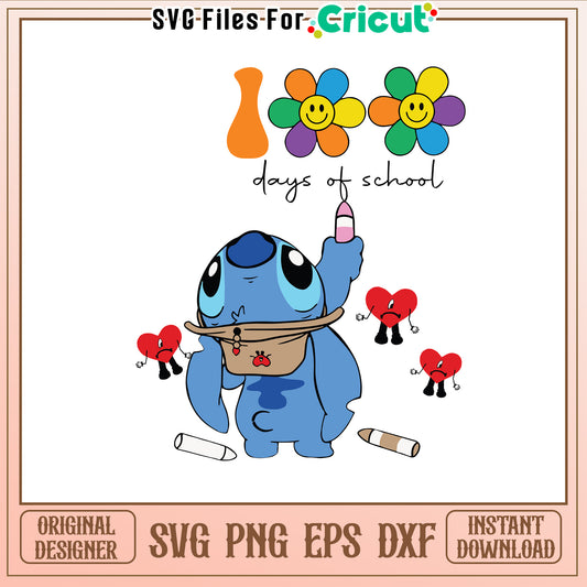 100 days of school svg, stitch drawing svg, bad bunny svg