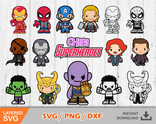 Chibi Superheroes clipart set SVG Bundle