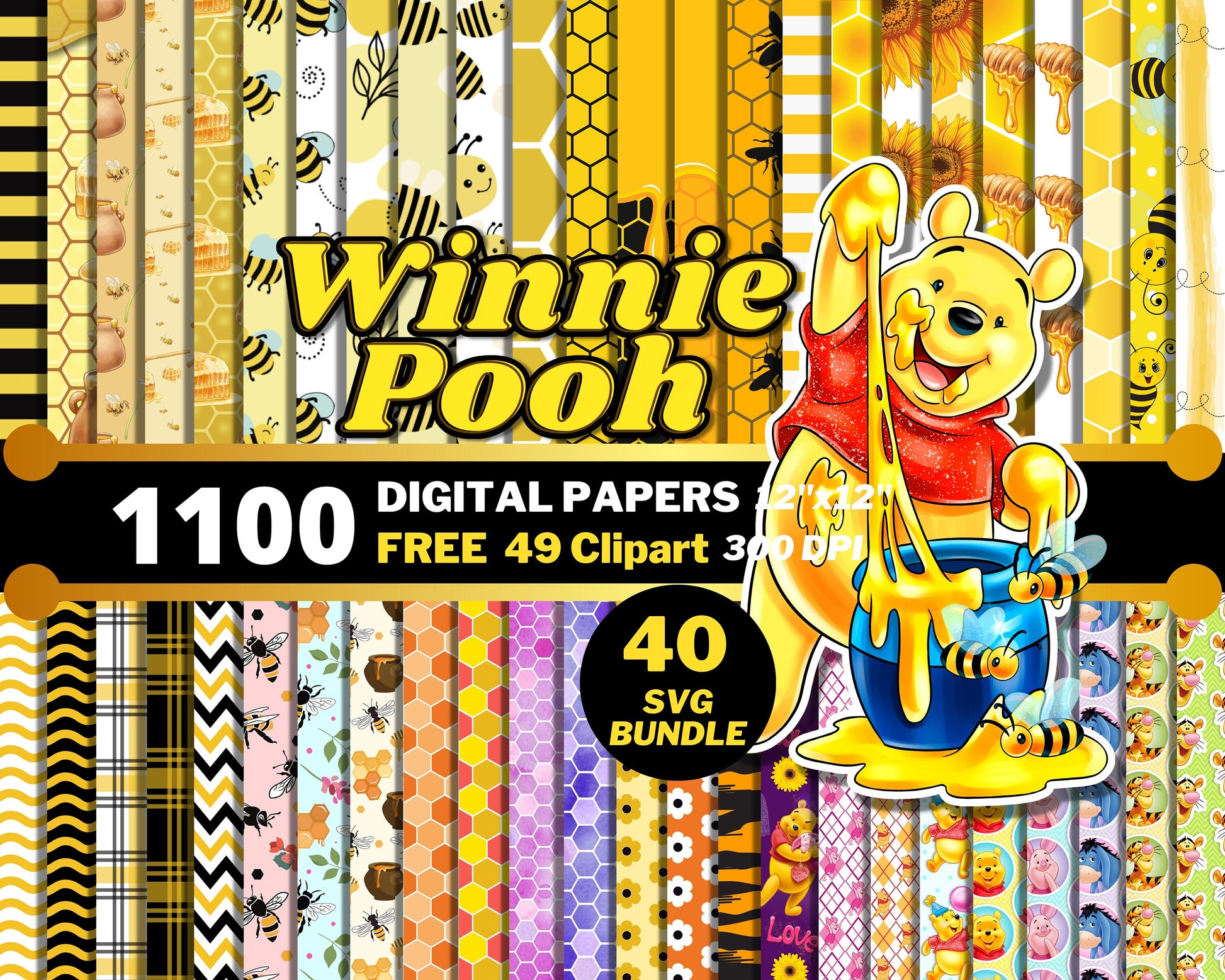 Winnie the Pooh Digital Papers PNG Bundle