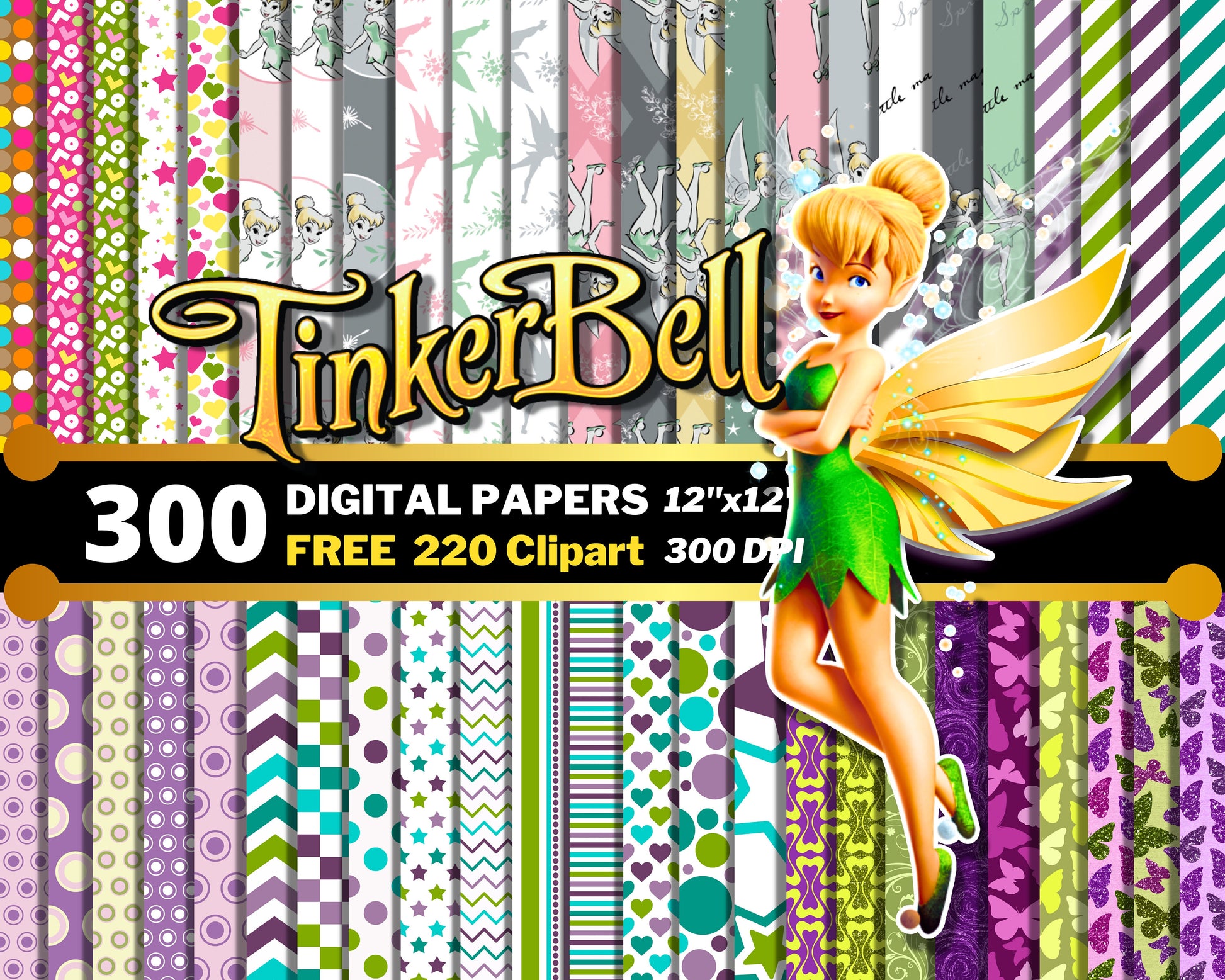 Tinkerbell Digital Papers PNG Bundle