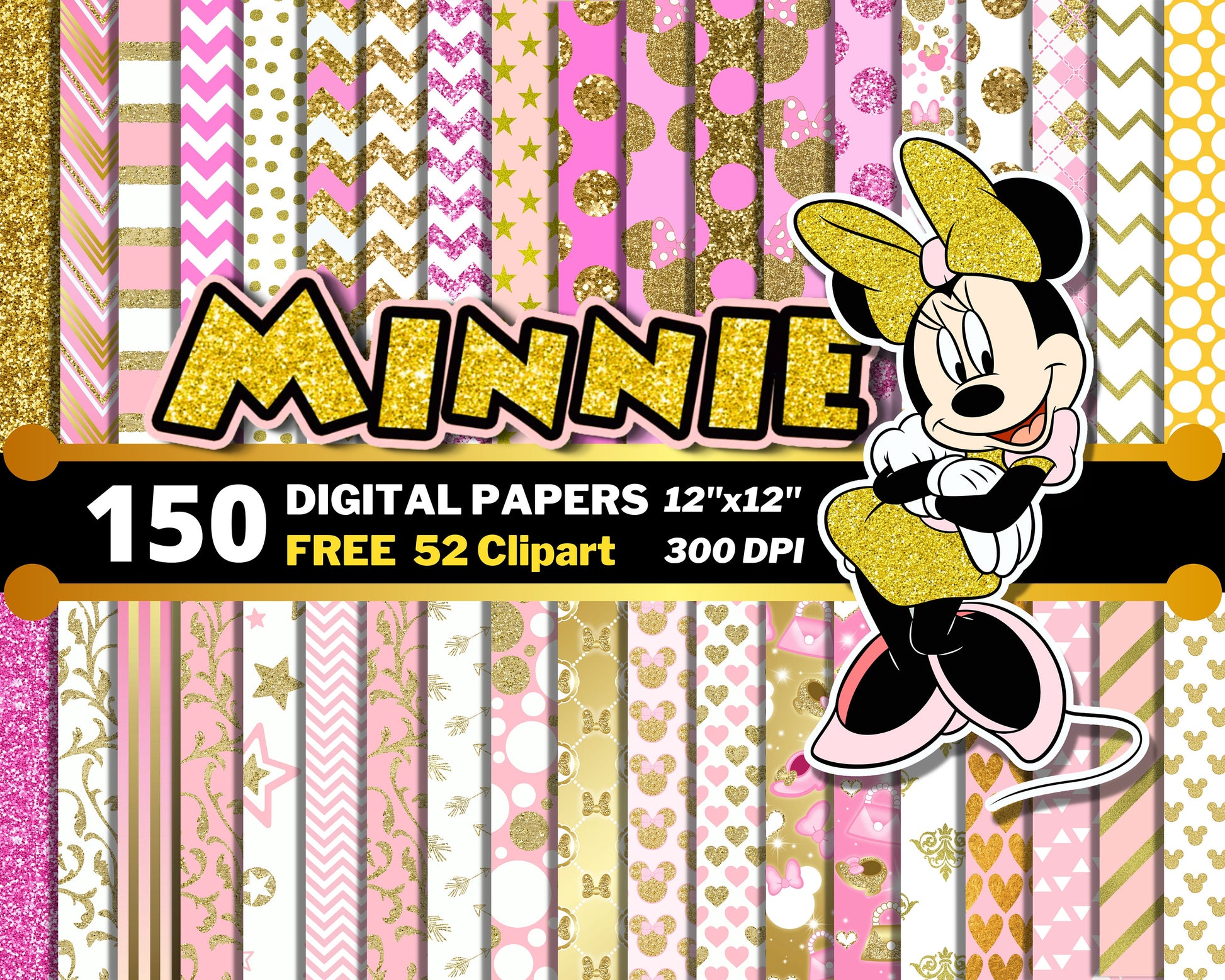 Minnie Mouse Gold Digital Papers PNG bundle